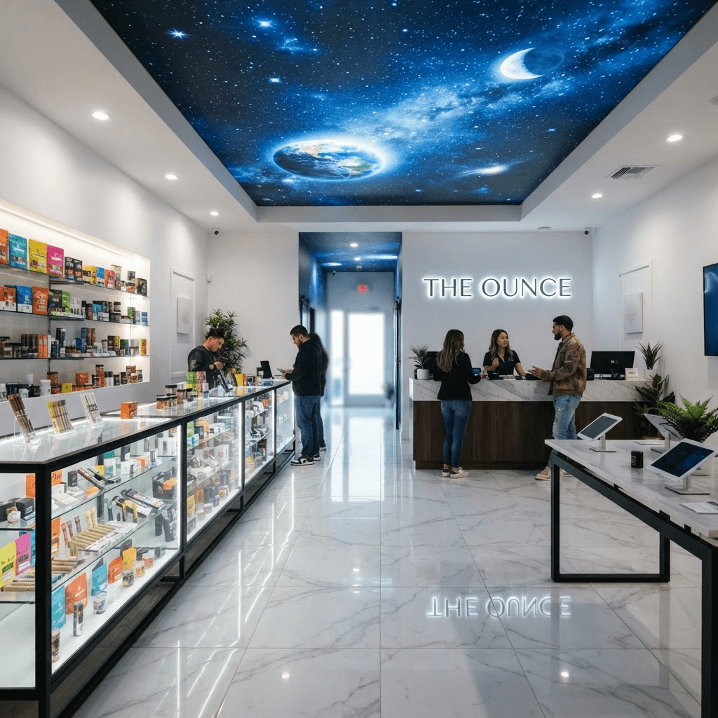 The interior of The Ounce dispensary featuring an immersive cosmic galaxy ceiling mural, polished white marble floors, and illuminated glass display cases stocked with cannabis products.